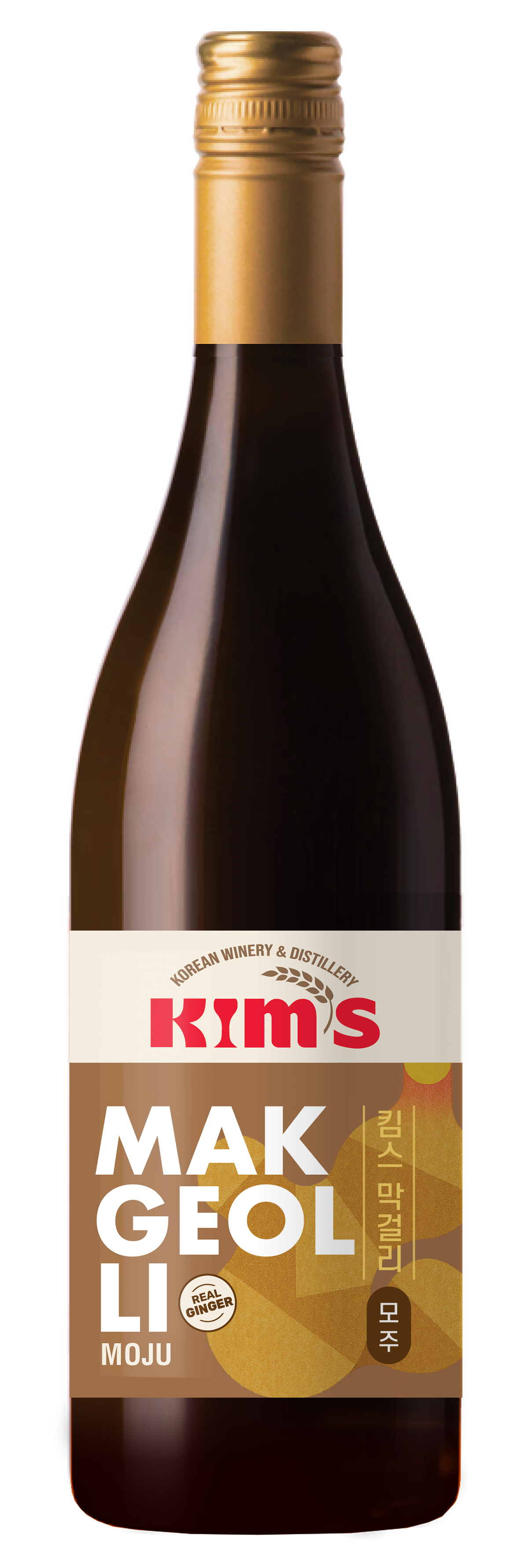 750mL bottle of Kim's Makgeolli Moju, a Korean rice wine with real ginger and cinnamon made in Toronto, Canada.