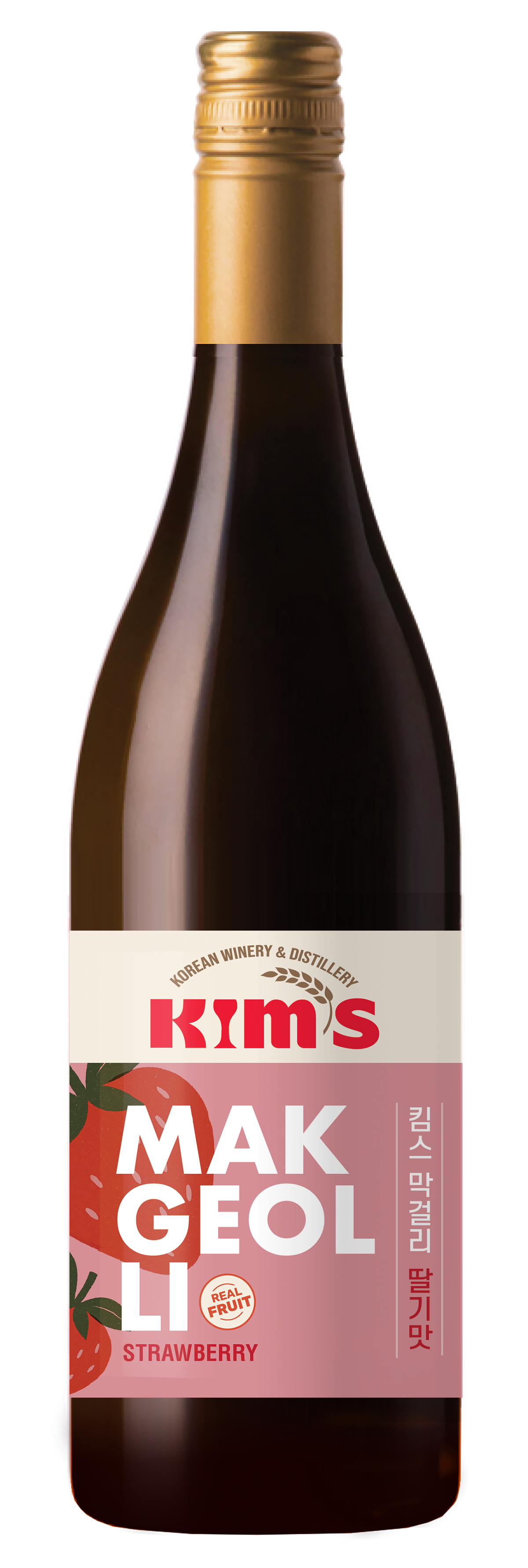 750mL bottle of Kim's Makgeolli Strawberry, a Korean rice wine with real strawberries made in Toronto, Canada.